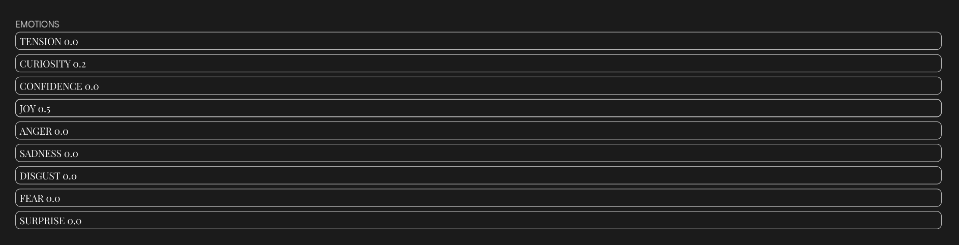 The Emotion configuration screen, defining the Base Emotion and tracking Runtime Emotions like Joy and Sadness.