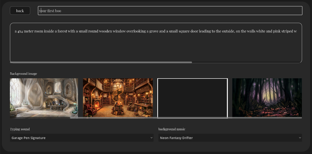 The Room settings section, allowing descriptions of the physical and historical context for the AI.