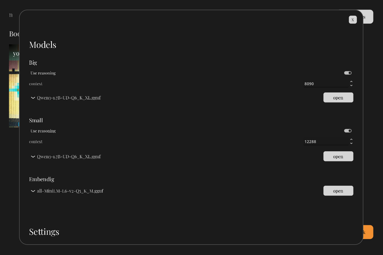 The Settings panel in NoruCore, where you can configure AI models, embedding systems, and debug levels.